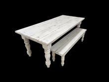 Load image into Gallery viewer, 7-Foot Rustic Farmhouse Table and Bench with Turned Legs, White Distressed Top and  Base, Wooden Dining Table, Kitchen Table
