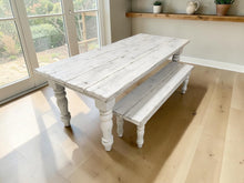 Load image into Gallery viewer, 7-Foot Rustic Farmhouse Table and Bench with Turned Legs, White Distressed Top and  Base, Wooden Dining Table, Kitchen Table
