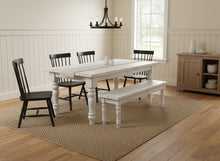 Load image into Gallery viewer, 7-Foot Rustic Farmhouse Table and Bench with Turned Legs, White Distressed Top and  Base, Wooden Dining Table, Kitchen Table
