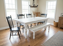 Load image into Gallery viewer, 7-Foot Rustic Farmhouse Table and Bench with Turned Legs, White Distressed Top and  Base, Wooden Dining Table, Kitchen Table
