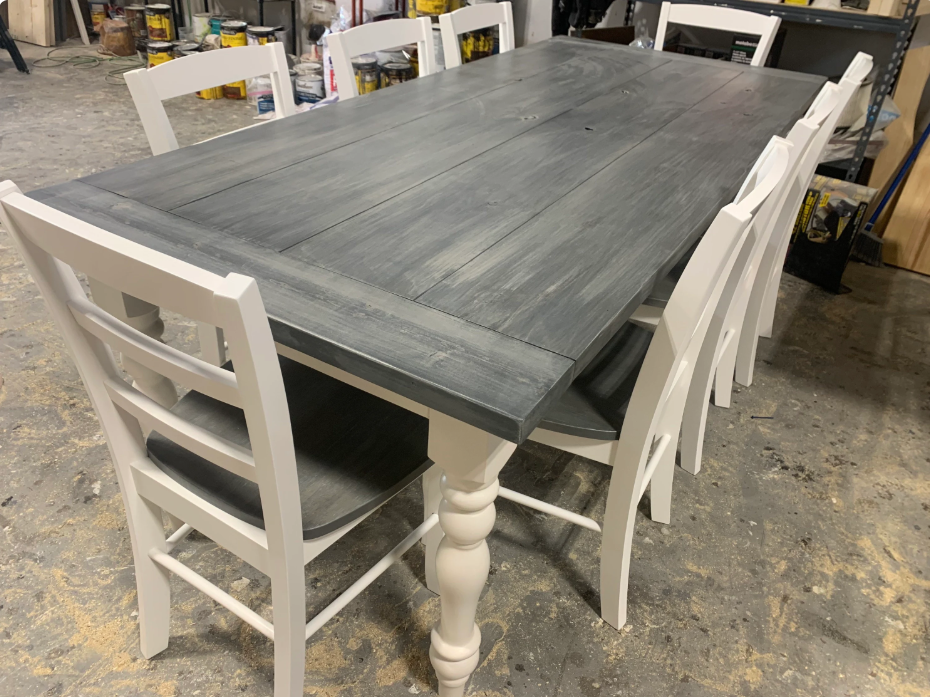 Farmhouse Table with Turned Legs, Chair Set Carbon Gray Whitewash Top and Antique White Base, Wooden Dining Table