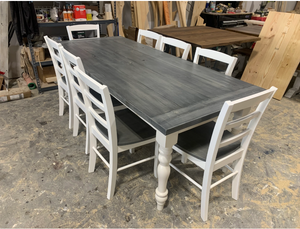 Farmhouse Table with Turned Legs, Chair Set Carbon Gray Whitewash Top and Antique White Base, Wooden Dining Table