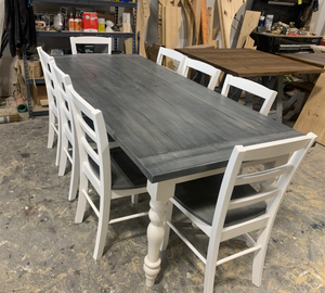 Farmhouse Table with Turned Legs, Chair Set Carbon Gray Whitewash Top and Antique White Base, Wooden Dining Table