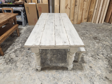 Load image into Gallery viewer, 7ft Rustic Farmhouse Table and Bench with Turned Legs, White Distressed Top and  Base, Wooden Dining Table, Kitchen Table
