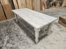 Load image into Gallery viewer, 7ft Rustic Farmhouse Table and Bench with Turned Legs, White Distressed Top and  Base, Wooden Dining Table, Kitchen Table
