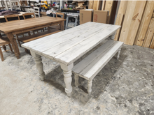 Load image into Gallery viewer, 7ft Rustic Farmhouse Table and Bench with Turned Legs, White Distressed Top and  Base, Wooden Dining Table, Kitchen Table
