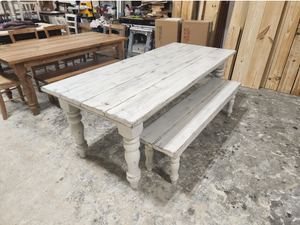 7ft Rustic Farmhouse Table and Bench with Turned Legs, White Distressed Top and  Base, Wooden Dining Table, Kitchen Table