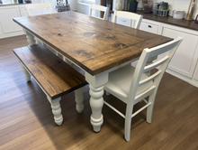 Load image into Gallery viewer, Rustic 6-Foot Farmhouse Table - With Bench and Chairs - Chunky Turned Legs - Provincial Brown and Antique White

