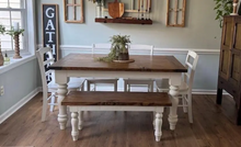 Load image into Gallery viewer, Rustic 6-Foot Farmhouse Table - With Bench and Chairs - Chunky Turned Legs - Provincial Brown and Antique White
