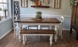 Rustic 6-Foot Farmhouse Table - With Bench and Chairs - Chunky Turned Legs - Provincial Brown and Antique White