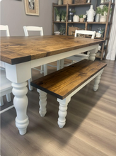 Load image into Gallery viewer, Rustic 6-Foot Farmhouse Table - With Bench and Chairs - Chunky Turned Legs - Provincial Brown and Antique White
