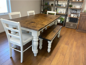 Rustic 6-Foot Farmhouse Table - With Bench and Chairs - Chunky Turned Legs - Provincial Brown and Antique White