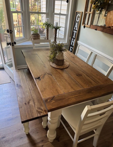 Rustic 6-Foot Farmhouse Table - With Bench and Chairs - Chunky Turned Legs - Provincial Brown and Antique White
