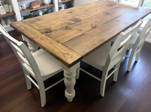 Rustic 6-Foot Farmhouse Table - With Bench and Chairs - Chunky Turned Legs - Provincial Brown and Antique White