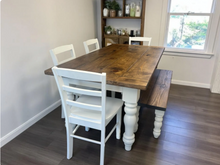 Load image into Gallery viewer, Rustic 6-Foot Farmhouse Table - With Bench and Chairs - Chunky Turned Legs - Provincial Brown and Antique White
