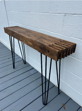 Load image into Gallery viewer, Modern Farmhouse Console Table - Wood Entryway Decor - Narrow with Hairpin Legs - Sofa Table
