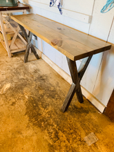 Load image into Gallery viewer, Industrial Farmhouse Entryway Table: Weathered Brown Wood &amp; Black Metal Legs
