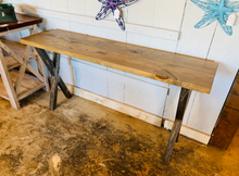Load image into Gallery viewer, Industrial Farmhouse Entryway Table: Weathered Brown Wood &amp; Black Metal Legs
