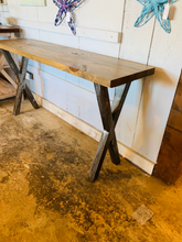 Load image into Gallery viewer, Industrial Farmhouse Entryway Table: Weathered Brown Wood &amp; Black Metal Legs

