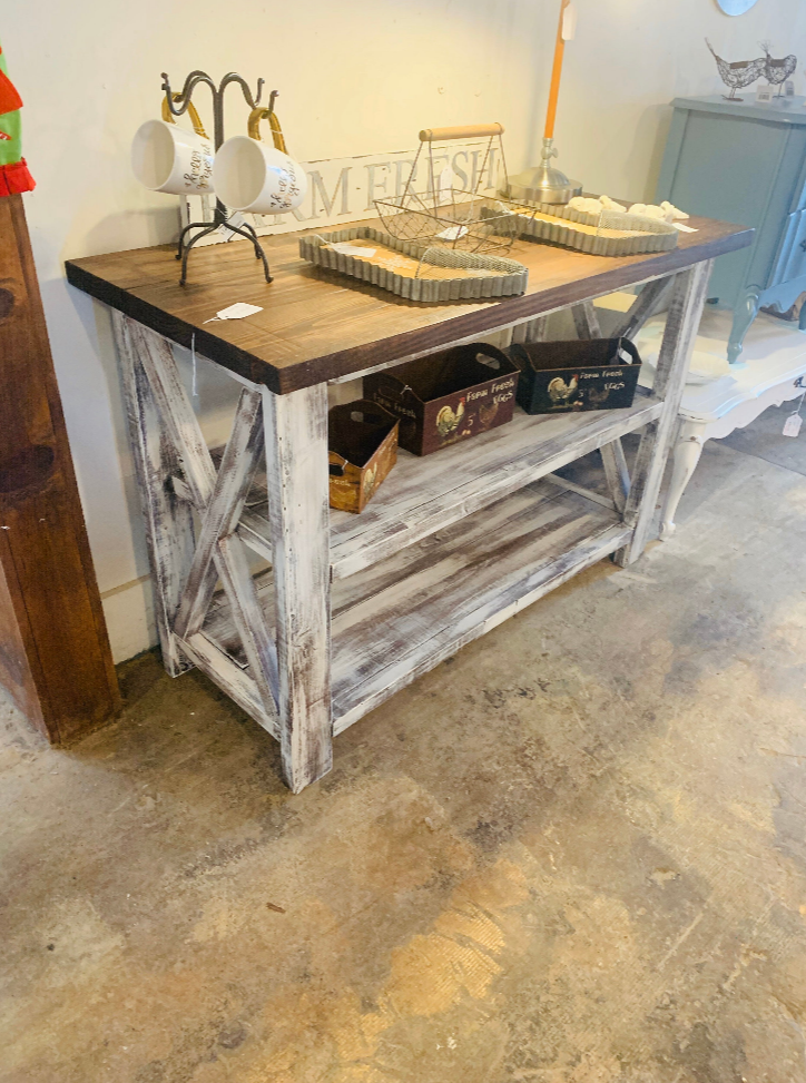 Rustic Wooden Buffet Table: Distressed White & Red Mahogany Farmhouse Decor