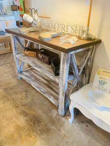 Rustic Wooden Buffet Table: Distressed White & Red Mahogany Farmhouse Decor