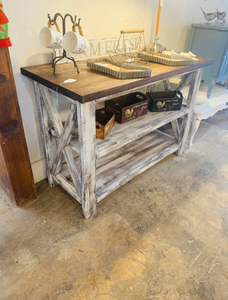 Rustic Wooden Buffet Table: Distressed White & Red Mahogany Farmhouse Decor