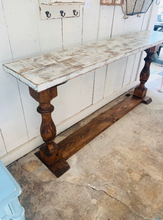 Load image into Gallery viewer, Rustic Farmhouse Entryway Table: Weathered White Top, Turned Legs
