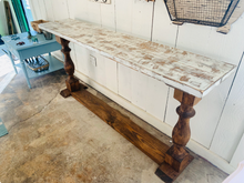 Load image into Gallery viewer, Rustic Farmhouse Entryway Table: Weathered White Top, Turned Legs
