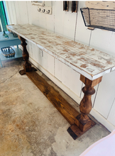 Load image into Gallery viewer, Rustic Farmhouse Entryway Table: Weathered White Top, Turned Legs
