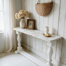 Load image into Gallery viewer, Rustic Farmhouse Entryway Table: Weathered White Console Sofa Table
