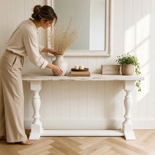 Load image into Gallery viewer, Rustic Farmhouse Entryway Table: Weathered White Console Sofa Table

