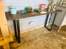Load image into Gallery viewer, Industrial Farmhouse Entryway Table: Dark Walnut Top &amp; Black Metal Legs
