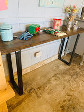 Load image into Gallery viewer, Industrial Farmhouse Entryway Table: Dark Walnut Top &amp; Black Metal Legs
