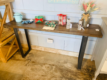 Load image into Gallery viewer, Industrial Farmhouse Entryway Table: Dark Walnut Top &amp; Black Metal Legs
