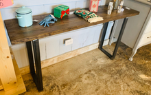 Load image into Gallery viewer, Industrial Farmhouse Entryway Table: Dark Walnut Top &amp; Black Metal Legs
