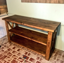 Load image into Gallery viewer, Rustic Wooden Console Table: Farmhouse Buffet, Brown Walnut Stain
