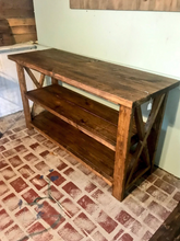 Load image into Gallery viewer, Rustic Wooden Console Table: Farmhouse Buffet, Brown Walnut Stain
