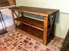 Load image into Gallery viewer, Rustic Wooden Console Table: Farmhouse Buffet, Brown Walnut Stain

