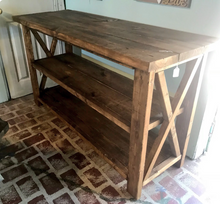 Load image into Gallery viewer, Rustic Wooden Console Table: Farmhouse Buffet, Brown Walnut Stain
