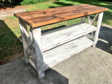 Load image into Gallery viewer, Rustic Farmhouse Buffet Table: Distressed White &amp; Provincial Brown
