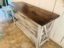 Load image into Gallery viewer, Rustic Farmhouse Buffet Table: Distressed White &amp; Red Mahogany
