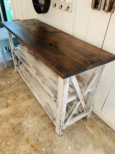 Rustic Farmhouse Buffet Table: Distressed White & Red Mahogany
