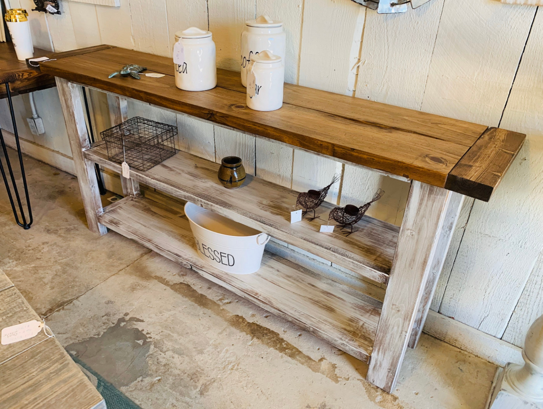 Rustic Farmhouse Bookshelf: Distressed White Console Entryway Table