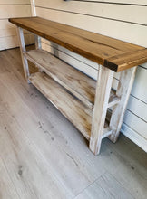 Load image into Gallery viewer, Rustic Farmhouse Bookshelf: Distressed White Console Entryway Table
