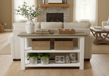 Load image into Gallery viewer, Handmade Farmhouse Bookshelf: Gray Top, White Base Console Table
