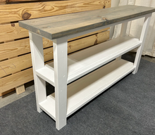 Load image into Gallery viewer, Handmade Farmhouse Bookshelf: Gray Top, White Base Console Table

