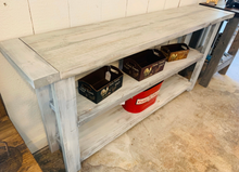 Load image into Gallery viewer, Rustic Farmhouse Bookcase: Distressed White &amp; Gray Wash Wooden Shelving
