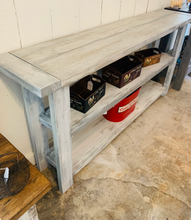 Load image into Gallery viewer, Rustic Farmhouse Bookcase: Distressed White &amp; Gray Wash Wooden Shelving
