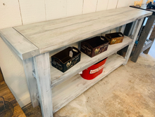 Load image into Gallery viewer, Rustic Farmhouse Bookcase: Distressed White &amp; Gray Wash Wooden Shelving
