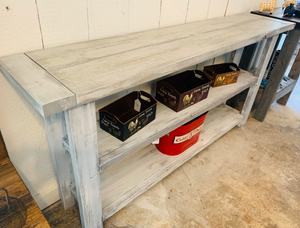Rustic Farmhouse Bookcase: Distressed White & Gray Wash Wooden Shelving